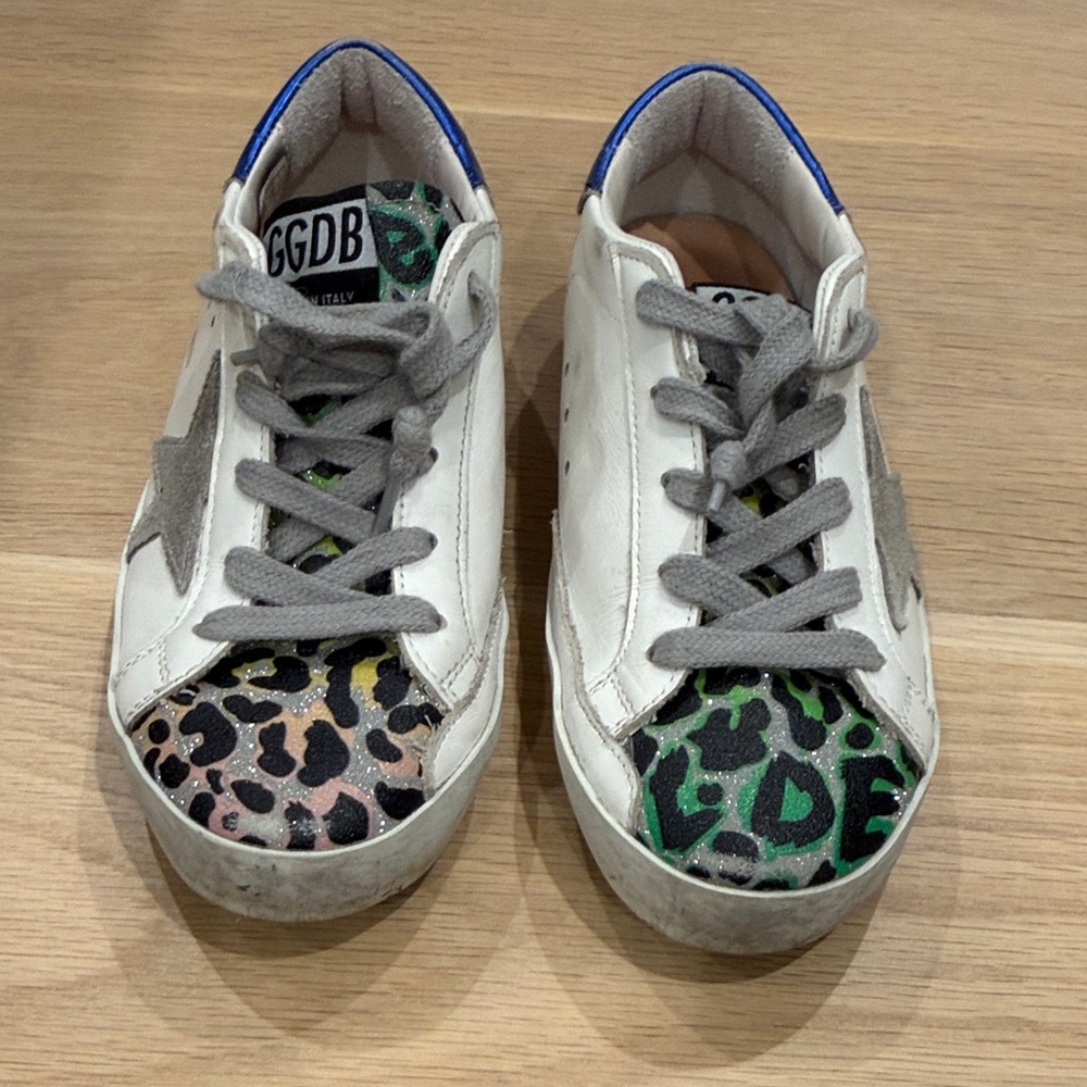 Golden Goose Kids White Sneakers with Multicolor Leopard Toecaps